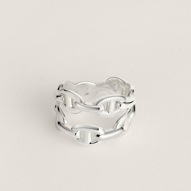 アクセサリー Hermes Chaine D'ancre Enchainee Ring GM Chaine d'ancre Enchainee ring, double row - Silver | Hermès